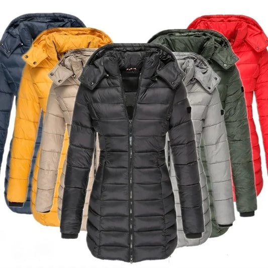 Parkas gruesas y cálidas para mujer, abrigos con cremalleras de Color sólido, chaqueta acolchada de manga larga, Parkas ajustadas de longitud media con capucha para mujer