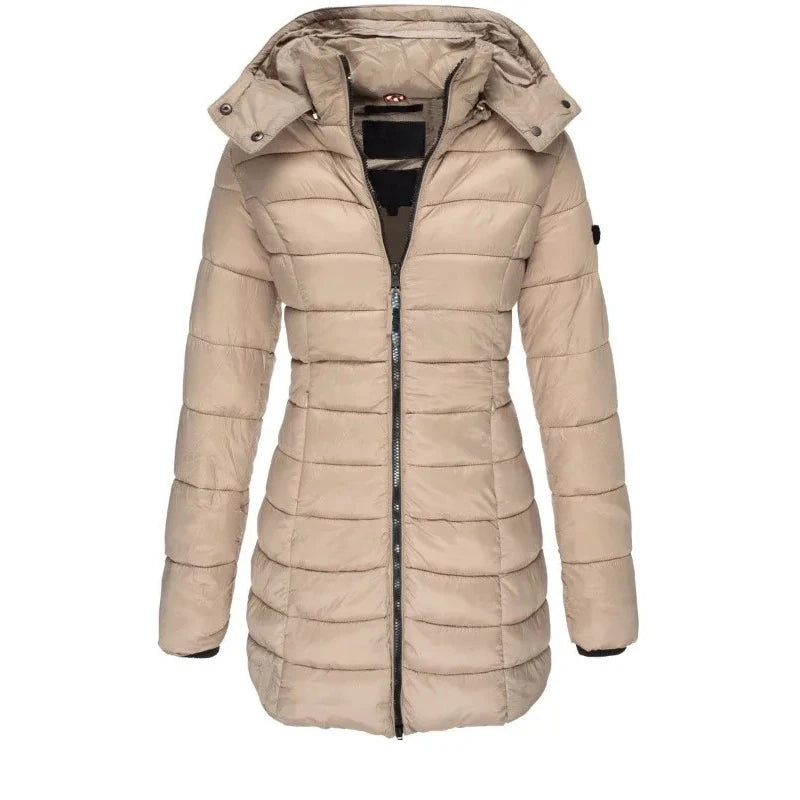 Parkas gruesas y cálidas para mujer, abrigos con cremalleras de Color sólido, chaqueta acolchada de manga larga, Parkas ajustadas de longitud media con capucha para mujer