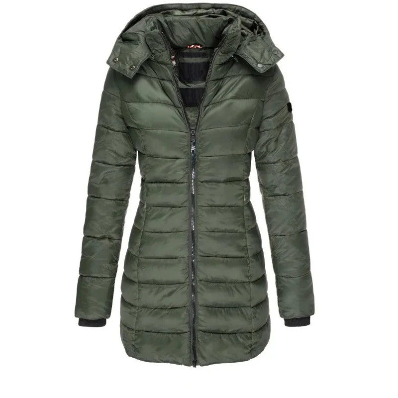 Parkas gruesas y cálidas para mujer, abrigos con cremalleras de Color sólido, chaqueta acolchada de manga larga, Parkas ajustadas de longitud media con capucha para mujer