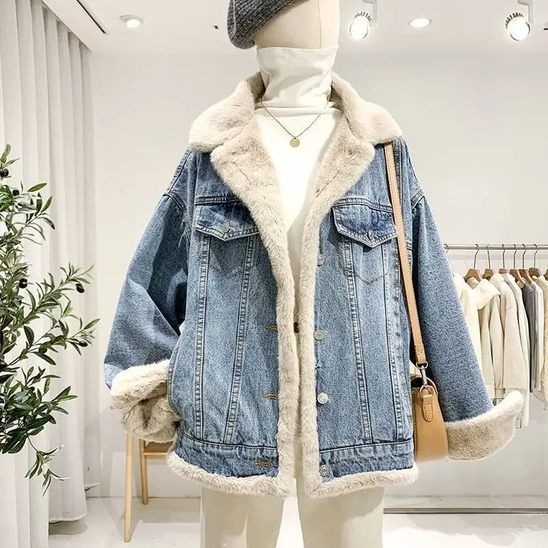 Chaqueta vaquera de algodón puro de estilo Retro para mujer chaqueta de mezclilla suelta y suave Cuello de piel grande usable de doble cara Otoño e Invierno