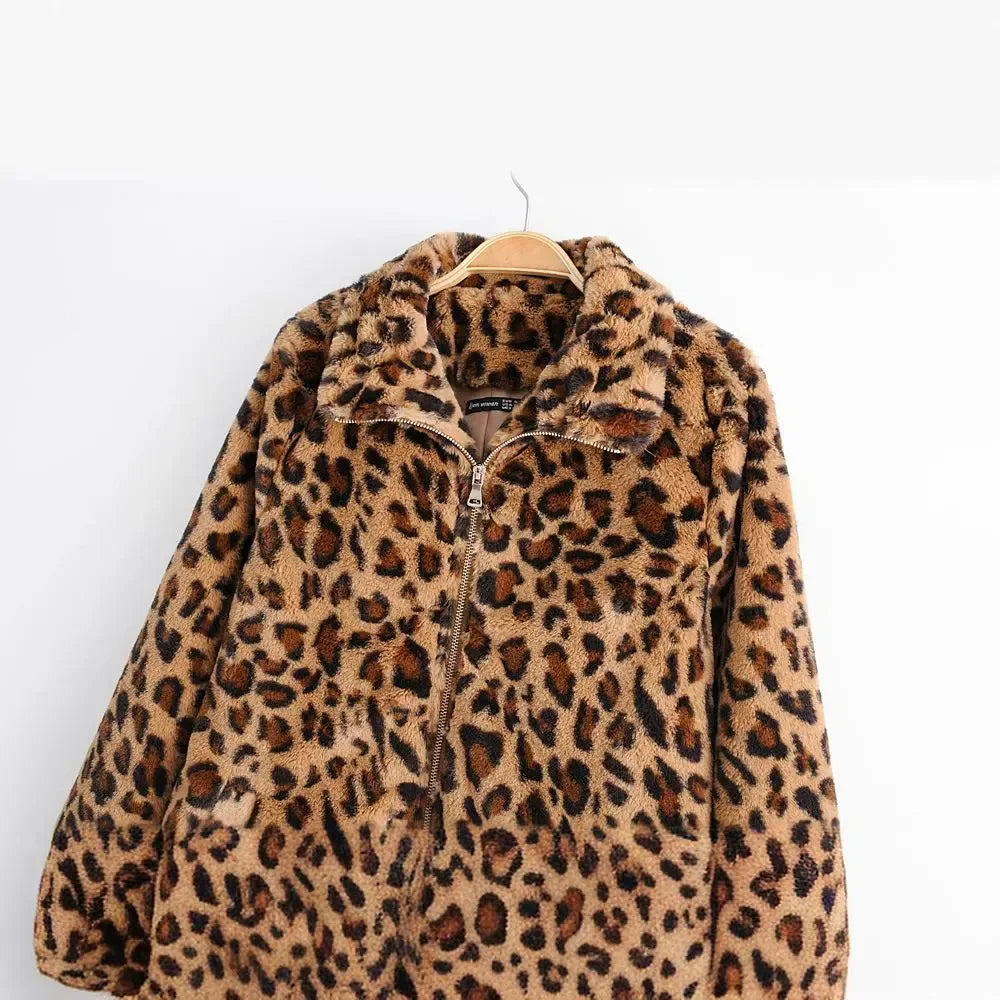 Vintage versátil cálido de felpa chaqueta de manga larga mujer Casual suelta ajuste leopardo