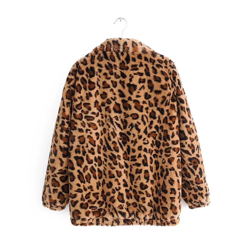 Vintage versátil cálido de felpa chaqueta de manga larga mujer Casual suelta ajuste leopardo