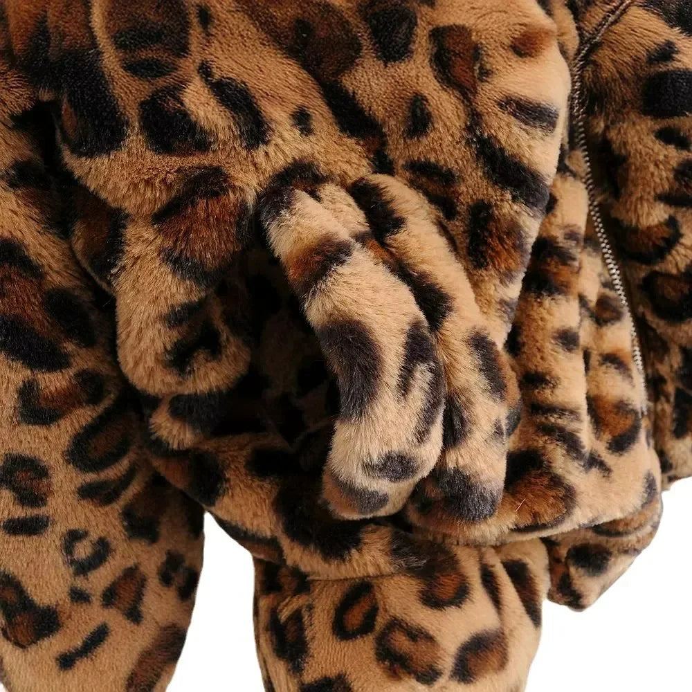 Vintage versátil cálido de felpa chaqueta de manga larga mujer Casual suelta ajuste leopardo