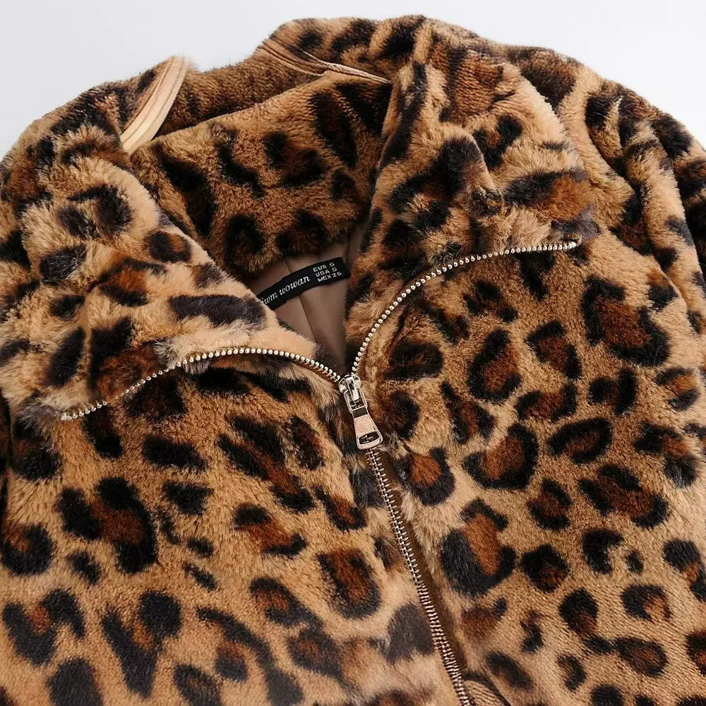 Vintage versátil cálido de felpa chaqueta de manga larga mujer Casual suelta ajuste leopardo