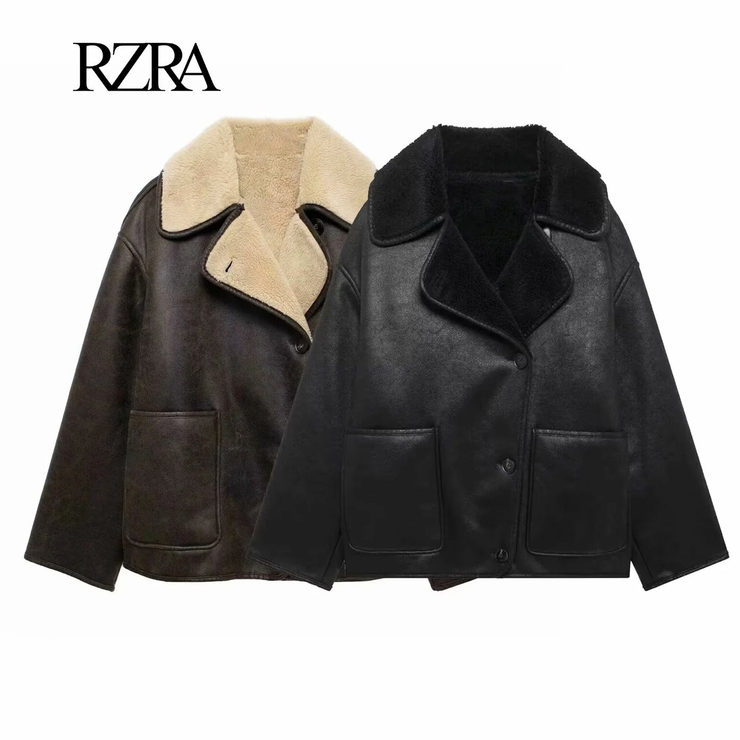 RZRA-Chaqueta corta de cuero para mujer, abrigo con solapa elegante, otoño e invierno, 2025