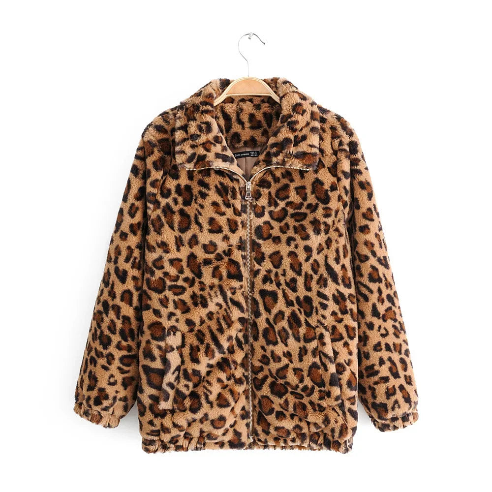 Vintage versátil cálido de felpa chaqueta de manga larga mujer Casual suelta ajuste leopardo